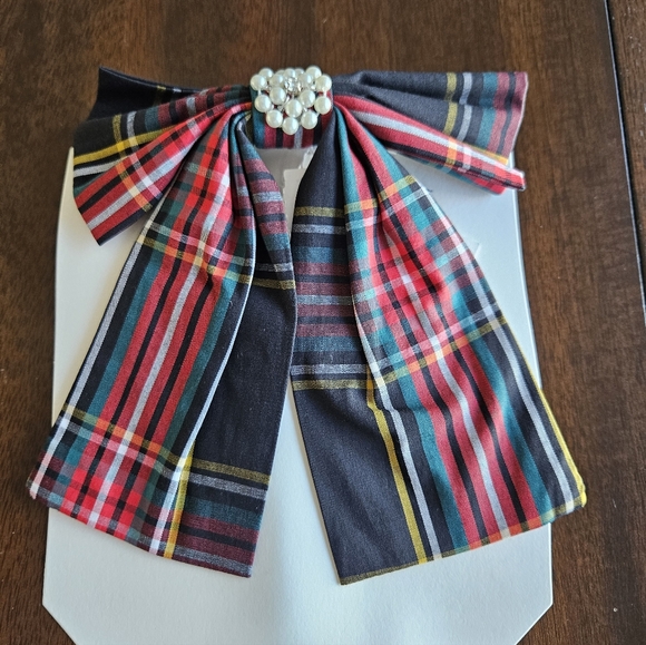 J.Crew Tartan Plaid Oversize Bow Pearl Cluster Barrette, Black/ Red/ Green main image 6